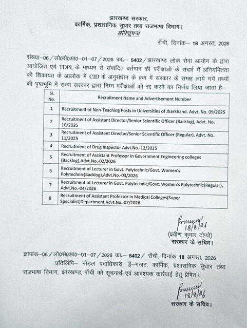 Jharkhand JPSC JSSC Exam Cancellation List
